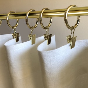 Set of 6 Brass / Gold Color Café Curtain Rings With Clips- Rings are 1&quot; in Diameter - Other colors Available.
