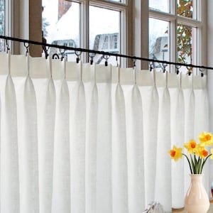 100% Linen Pinch Pleated Cafe Curtain: Semi Sheer Off White Panel - Modern Farmhouse or Traditional Look