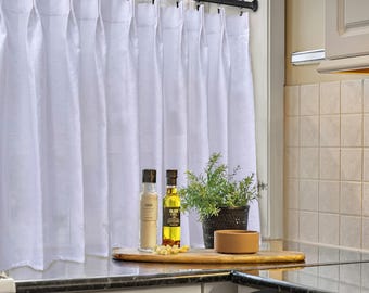 White 100% Linen Double Pleated Cafe Curtains  - A Elegant Look For Any Room! American Made.