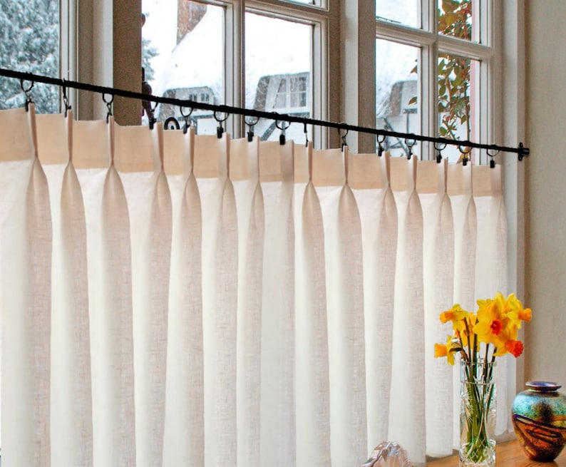 Double Pleated Cafe Curtains 100% Semi Sheer Off White Linen Great Look For A Country kitchen Or Farmhouse Look. image 1