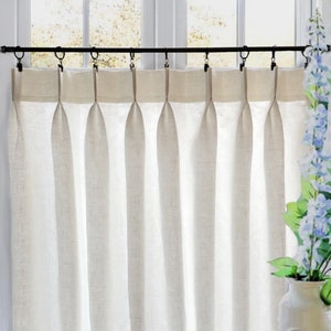 LINED - Off White Double Pleated Cafe Curtains 100% Semi Sheer Linen. Made In The USA.