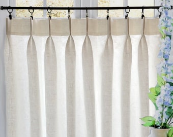 LINED - Off White Double Pleated Cafe Curtains 100% Semi Sheer Linen. Made In The USA.