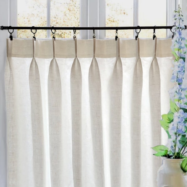 LINED - Off White Double Pleated Cafe Curtains 100% Semi Sheer Linen. Made In The USA.