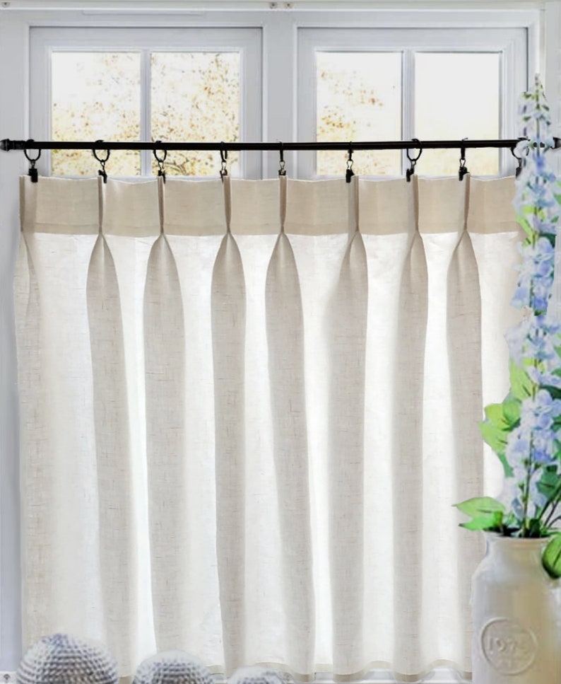 LINED Off White Double Pleated Cafe Curtains 100% Semi Sheer Linen. Made In The USA. image 1