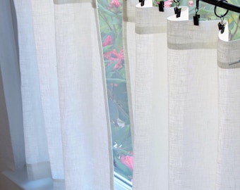Semi Sheer, 100% Linen Café Curtain - Off-White or White - Farmhouse - Country Kitchen - Shabby Chic - Handmade in USA