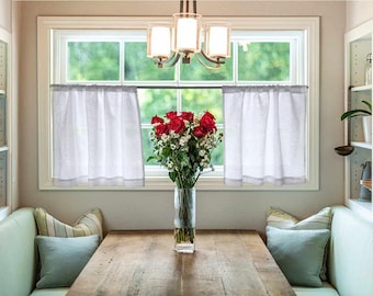 White Linen Cafe Curtain - Semi Sheer, Country Boho Style (Single Panel) Farmhouse Look