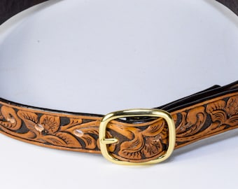 Beautiful Hand Tooled Leather Belt | Tan Leather Belt | Hand Tooled Belt | 34" Leather Belt