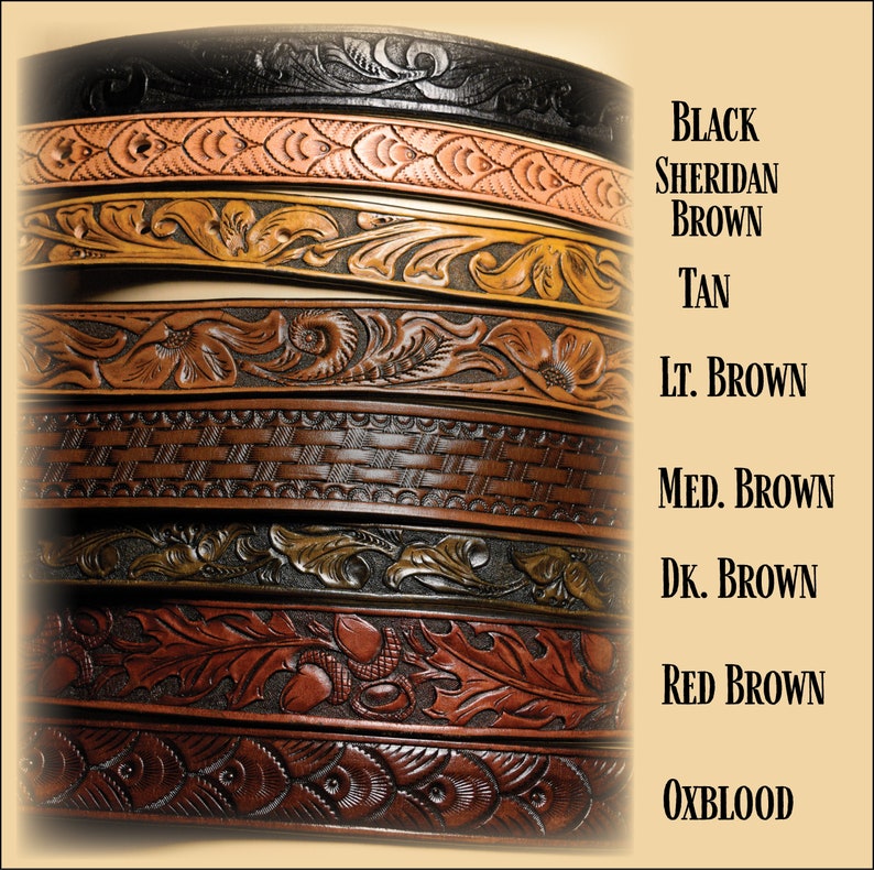 May include: A close-up of eight leather belts with different colors and embossed designs. The colors are black, tan, light brown, medium brown, dark brown, red brown, and oxblood.