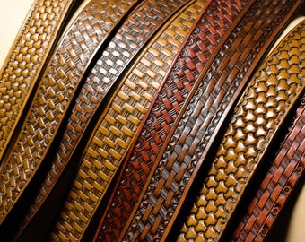 Custom Basketweave Leather Belt | Beautiful Hand Tooled Basketweave Pattern YOUR CHOICE | Full Grain Leather | Classic Western Leather Belt