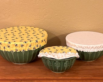 Set of Three Cotton Fabric Bowl Covers, Reversible, Washable, Zero Waste, indoor & outdoor use, Bread Baking Supplies, Farmhouse