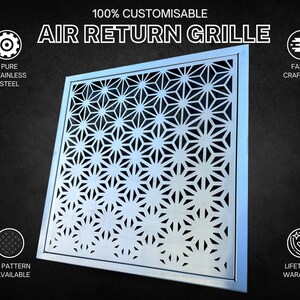 Könnte beinhalten: Ein silbernes Luftgitter mit geometrischem Muster. Das Gitter ist 100% anpassbar und aus reinem Edelstahl gefertigt. Es kommt mit einer lebenslangen Garantie und schneller Fertigung.
