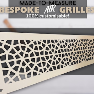May include: A beige, geometric air grille with a custom design. The grille features a repeating pattern of irregular shapes and the text "MADE-TO-MEASURE BESPOKE AIR GRILLES 100% customisable!"