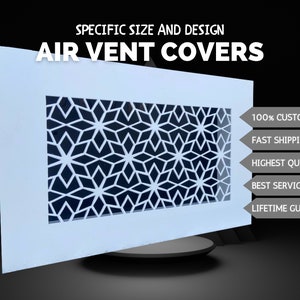 Może przedstawiać: Biała osłona wentylacyjna z geometrycznym wzorem. Osłona znajduje się na czarnym tle z tekstem "SPECIFIC SIZE AND DESIGN AIR VENT COVERS" i "100% CUSTOMISATION, FAST SHIPPING, HIGHEST QUALITY, BEST SERVICE, LIFETIME GUARANTEE".