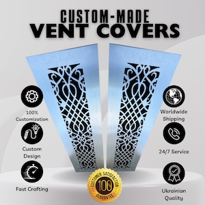 May include: Two silver vent covers with a black intricate design. The covers are shown against a white background with icons and text describing the product features: 100% Customization, Custom Design, Fast Crafting, Worldwide Shipping, 24/7 Service, Ukrainian Quality, and Customer Satisfaction Guarantee.