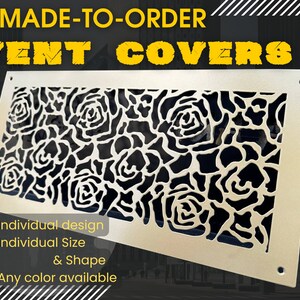 May include: Gold metal vent cover with a black rose pattern.  "MADE-TO-ORDER VENT COVERS" text is at the top of the image.  The description below the image reads: "Individual design, Individual Size & Shape, Any colour available."