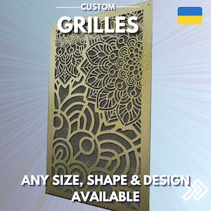 May include: Custom metal grille with a gold finish and a decorative mandala design. The grille is available in any size, shape, and design. CUSTOM GRILLES.