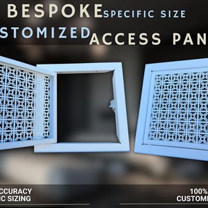 Könnte beinhalten: Zwei weiße Zugangspaneele mit einem geometrischen Muster. Das Panel auf der linken Seite ist geöffnet und zeigt das Innere. Der Text "BESPOKE SPECIFIC SIZE CUSTOMIZED ACCESS PANELS" befindet sich oben im Bild. Der Text "HIGH ACCURACY SPECIFIC SIZING" befindet sich unten links im Bild. Der Text "100% DESIGN CUSTOMISATION" befindet sich unten rechts im Bild.