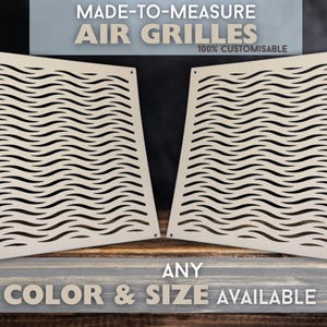 Puede incluir: Dos rejillas de ventilación cuadradas de color beige con un patrón ondulado. El texto "MADE-TO-MEASURE AIR GRILLES 100% CUSTOMISABLE" está por encima de las rejillas. El texto "ANY COLOR & SIZE AVAILABLE" está por debajo de las rejillas.