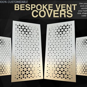 May include: Four white bespoke vent covers with a dot pattern. The covers are rectangular with rounded tops. Text on the image reads "100% CUSTOMIZABLE BESPOKE VENT COVERS". The text also says "Use your imagination and create a unique ventilation grille for your home/office: any size, shape, design and color are available!"