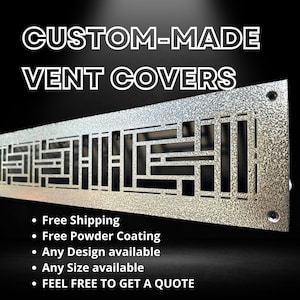 May include: Custom-made vent covers in a silver finish with a geometric design. Free shipping and powder coating are offered. Any design and size are available. "Feel free to get a quote."