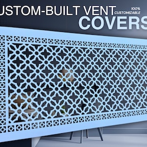 Puede incluir: Una rejilla de ventilación personalizada de color azul claro con un patrón geométrico. La rejilla es 100% personalizable.  "CUSTOM-BUILT VENT COVERS" está escrito en blanco en la parte superior de la imagen.