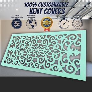 May include: A light blue decorative vent cover with a cut-out design featuring a floral pattern. The cover is 100% customizable and comes with a lifetime guarantee.