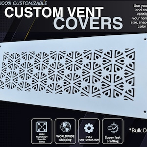 May include: A white custom vent cover with a geometric pattern of black triangles and circles. The vent cover is 100% customizable and available in any size, shape, design, and colour. The text "CUSTOM VENT COVERS" is at the top of the image. The text "*Bulk Discounts" is at the bottom of the image.