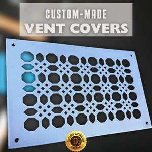 Puede incluir: Una rejilla de ventilación de metal azul claro con un patrón geométrico de octógonos y cuadrados. La rejilla de ventilación está hecha a medida y ofrece una garantía de satisfacción del cliente del 100%.