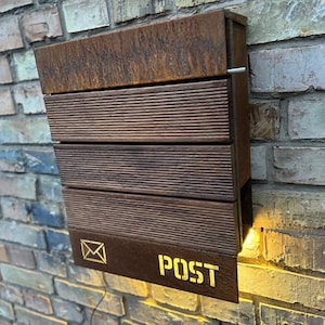 Corten / Weathering steel + Merbau wood Wall mount personalized LED mailbox | Steel + Merbau wood PostBox | Unique individual Mail Box