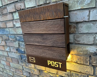 Corten / Weathering steel + Merbau wood Wall mount personalized LED mailbox | Steel + Merbau wood PostBox | Unique individual Mail Box