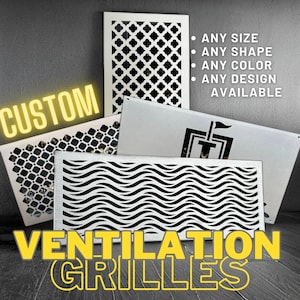 Puede incluir: Cuatro rejillas de ventilación de metal diferentes con varios patrones geométricos. Las rejillas son plateadas con recortes negros. El texto "CUSTOM" y "VENTILATION GRILLES" está en amarillo sobre un fondo gris oscuro. El texto "ANY SIZE", "ANY SHAPE", "ANY COLOR", "ANY DESIGN" y "AVAILABLE" está en negro sobre fondo blanco.