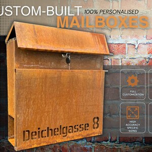 May include: A rusty metal mailbox with a custom-built design. The mailbox has a slot for mail and a lock. The mailbox is mounted on a brick wall. The text "Deichelgasse 8" is engraved on the mailbox. The image also includes icons for full customization, super fast crafting, high accuracy specific sizing, and worldwide shipping.