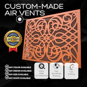 Puede incluir: Ventilaciones de aire personalizadas con un diseño decorativo, intrincado y de color naranja-marrón. Las ventilaciones se hacen por encargo y se pueden personalizar en cualquier color, diseño, tamaño y forma. La imagen también incluye una garantía de por vida.