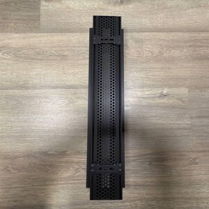 May include: Black metal vent cover with a grid pattern and rectangular shape.