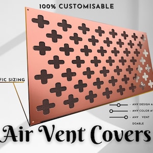May include: A customisable air vent cover with a pink background and a pattern of black plus signs. The text "100% CUSTOMISABLE" is at the top of the image. The text "SPECIFIC SIZING" is at the bottom left of the image. The text "ANY DESIGN AVAILABLE", "ANY COLOUR AVAILABLE", "ANY VENT SHAPE IS DOABLE" is at the bottom right of the image. The text "Air Vent Covers" is at the bottom centre of the image.