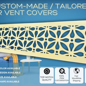 May include: Custom-made and tailored air vent covers with a geometric design. The covers are available in any color, design, size, and shape. The text on the image reads "CUSTOM-MADE / TAILORED AIR VENT COVERS".