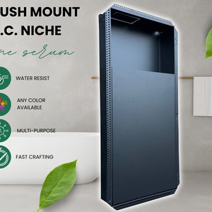 May include: A black metal flush mount niche for a bathroom or other room. The niche has a shelf and a small opening at the top. The niche is water resistant, available in any color, multi-purpose, and fast crafting.