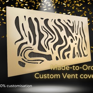 May include: Gold metal vent cover with a custom cut-out design. The design features a wavy pattern with a grid overlay. The vent cover is made to order and 100% customizable.  Made-to-Order Custom Vent Covers.