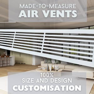 May include: White rectangular air vent with horizontal slats. The vent is made to measure and can be customised in size and design. 100% Size and Design Customisation.
