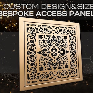 Puede incluir: Un panel de acceso de metal dorado con un diseño decorativo, intrincado y recortado. El panel es cuadrado y tiene un marco elevado.  "CUSTOM DESIGN & SIZE BESPOKE ACCESS PANELS" está escrito en negro en la parte superior de la imagen.