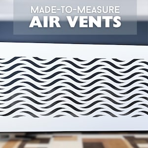 May include: White rectangular air vent with a wavy pattern cut-out. The vent is made to measure. The text "MADE-TO-MEASURE AIR VENTS" is displayed above the vent.