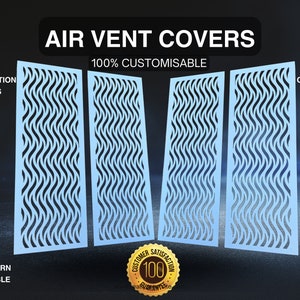 May include: Three light blue air vent covers with a wavy pattern. The covers are 100% customizable and come with a lifetime warranty. The image also includes icons representing fast crafting, huge customization options, and any pattern available.