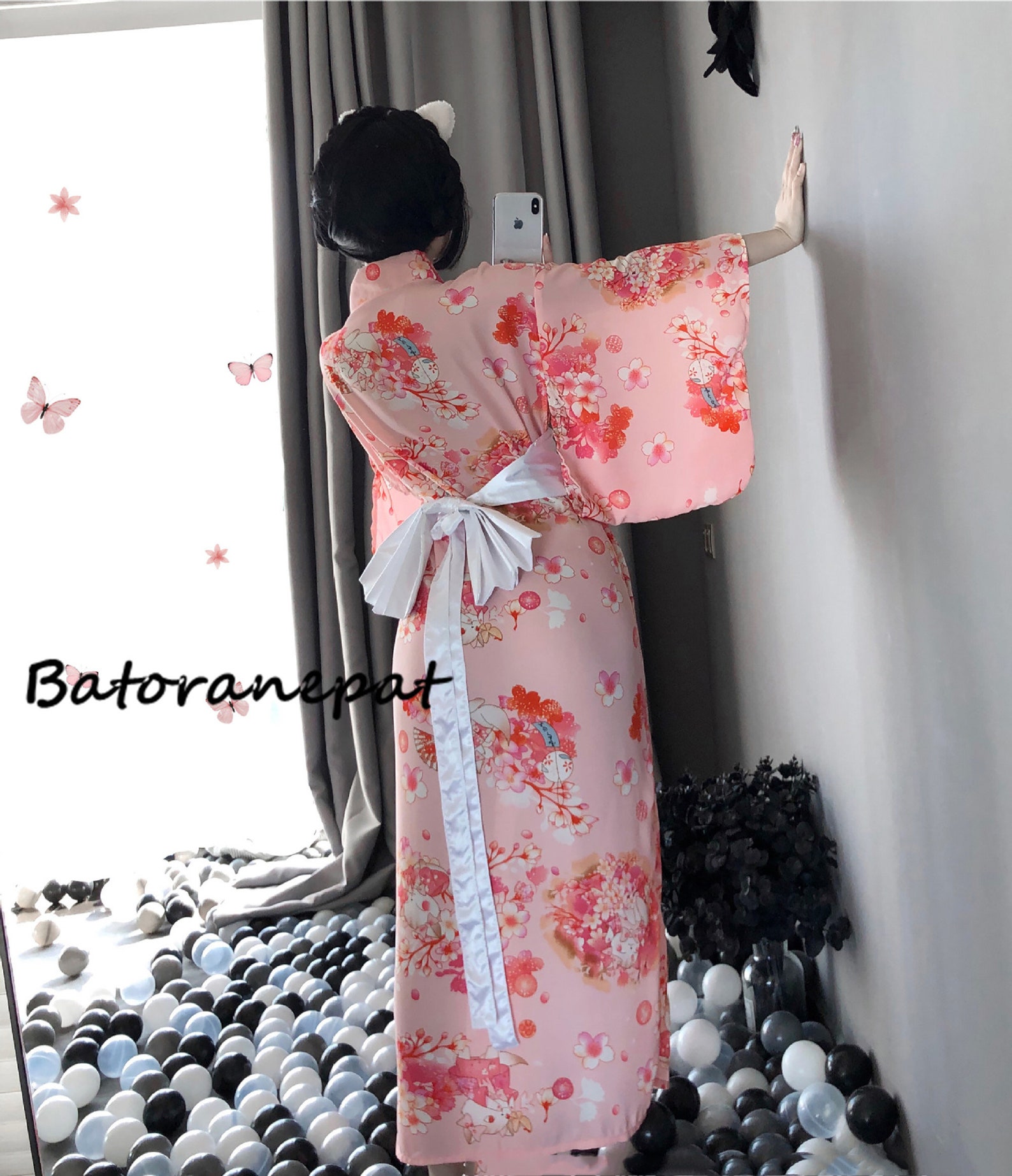 Japanese Kawaii Pink Kimono With White Bow-knot Waistband And | Etsy