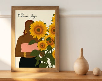 Black Woman Print |  Digital African American Woman Art | Black Girl Wall Art | Sunflower Girl Art