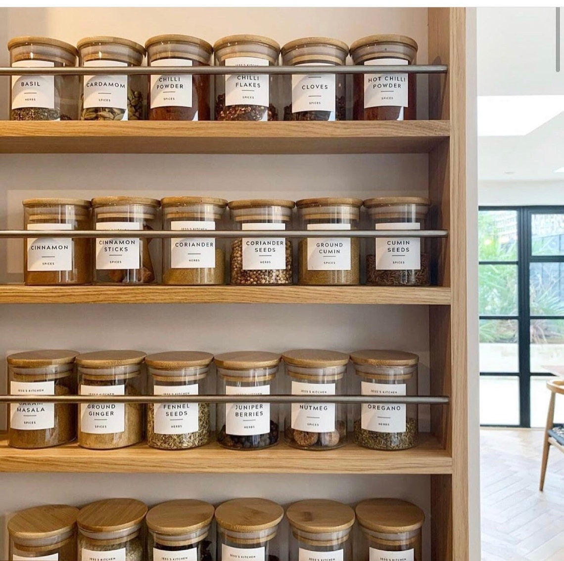 Narrow Glass Herb and Spice jar with Bamboo lid and label. Etsy