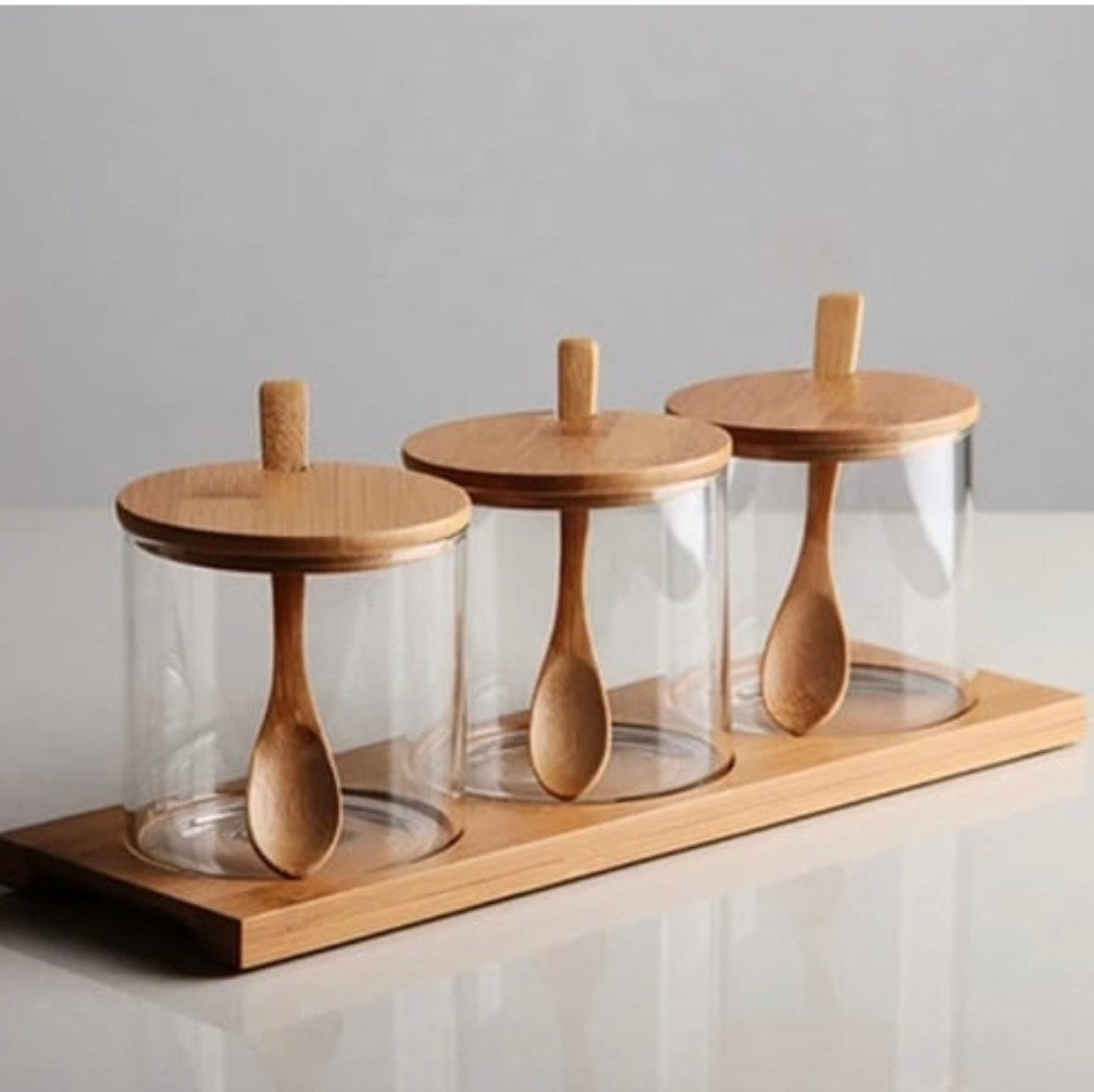 Stylish Set of Three Glass Jars on Bamboo Tray With Wooden Etsy UK