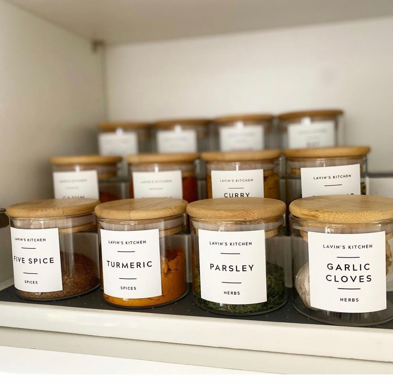 Glass Herb and Spice jar with Bamboo lid and label. Home Etsy