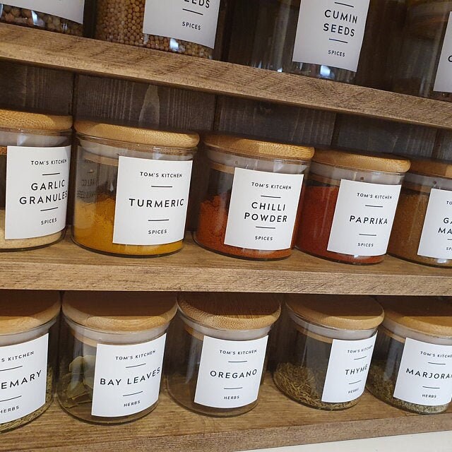 Glass Herb and Spice jar with Bamboo lid and label. Home Etsy