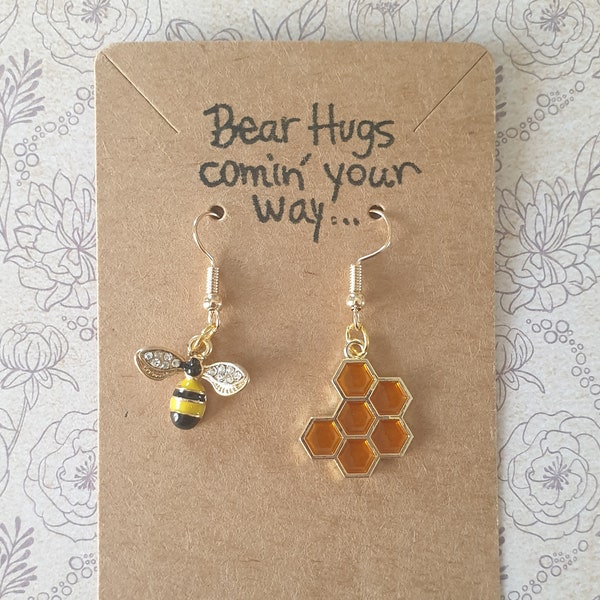 Bee and Honeycomb Quirky Earrings Unusual Jewellery Gift