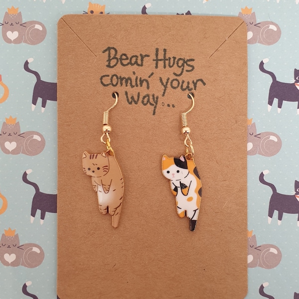 Quirky Hanging Cat Earrings Unusual Gift Jewellery Choice Of Colours